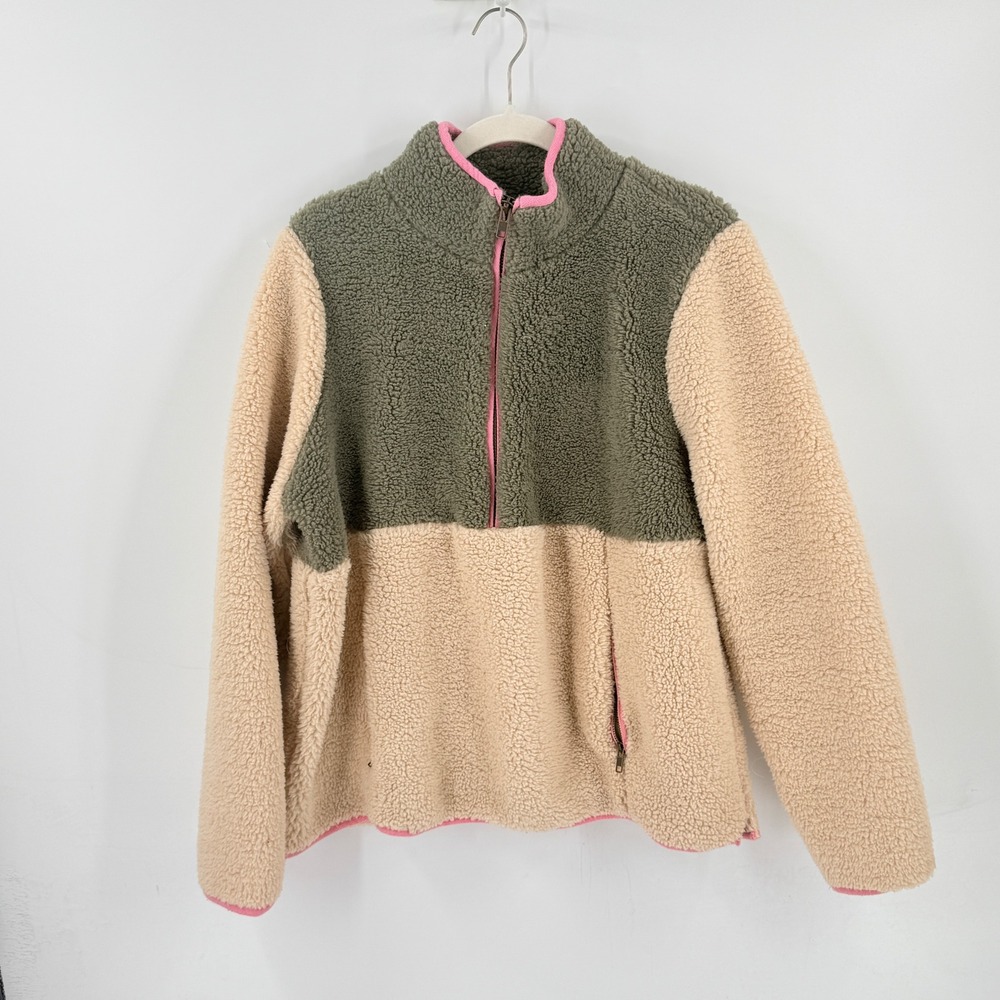 Boden Sherpa Fleece Pullover Cream US 16/18 Colorblock Half Zip Teddy Jacket